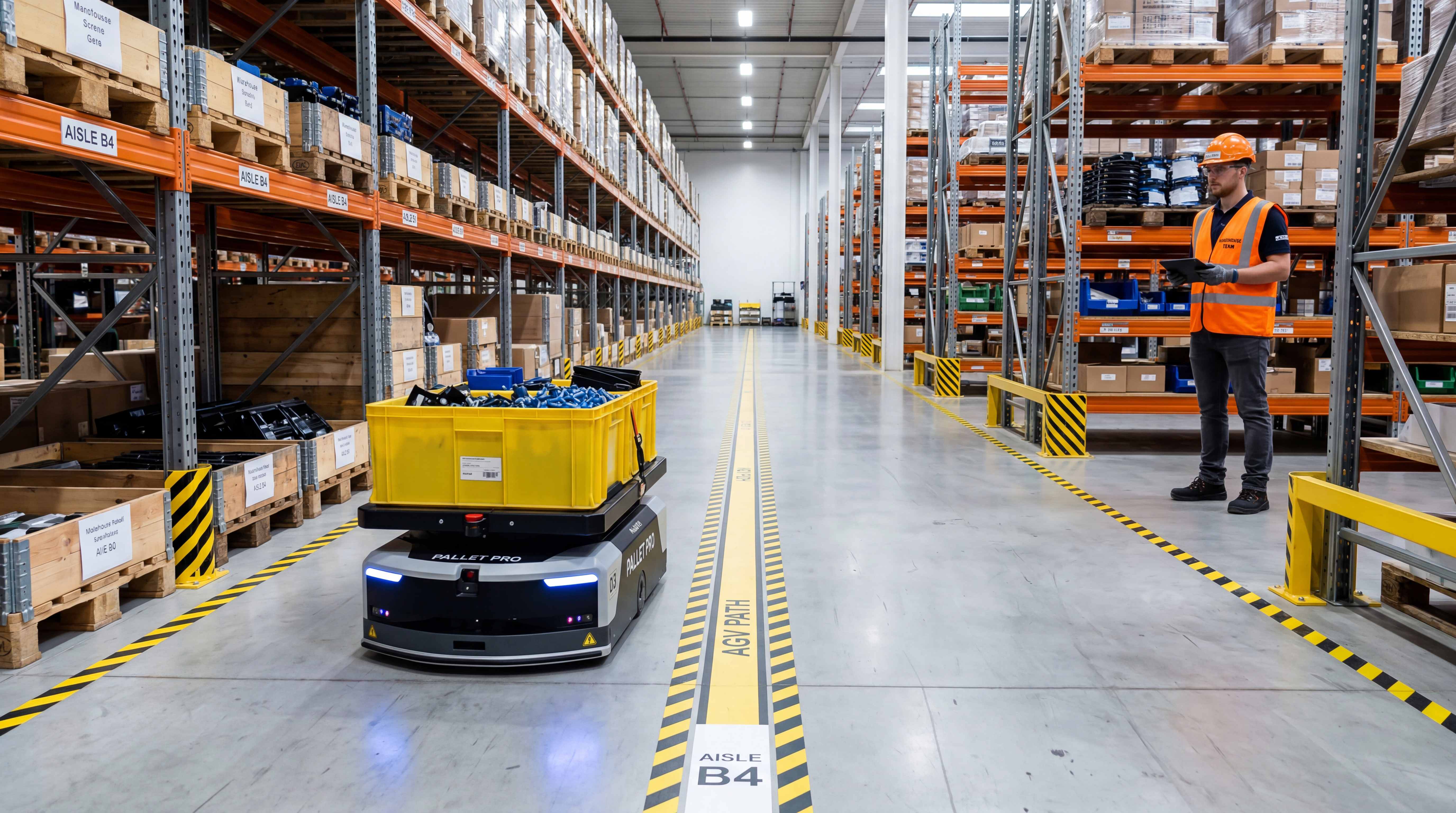 AGV moving through a defined safety-rated route with clear floor markings and operator oversight in a warehouse